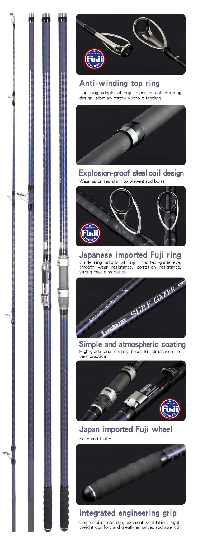 Lurekiler 4.2m 3-Section Carbon Fiber Surf Casting Rod – FUJI Guides, Sea Fishing