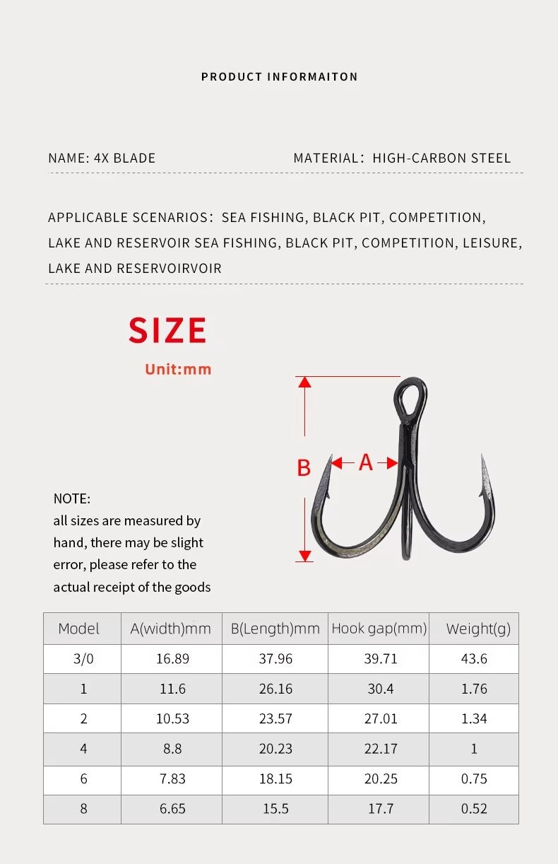 High-Quality 4X Strong Treble Hooks – Saltwater, High Carbon Steel (1#-8#), Black Nickel, Barbed